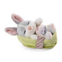 NICI Sleeping Bunnies Hase grau mit Körbchen und Etikett | Kuscheltier.Boutique
