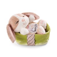 NICI Sleeping Bunnies Hase cappuccino mit Körbchen und Etikett | Kuscheltier.Boutique