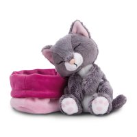 NICI Sleeping Kitties graue Katze mit rosa-pinken Körbchen | Kuscheltier.Boutique