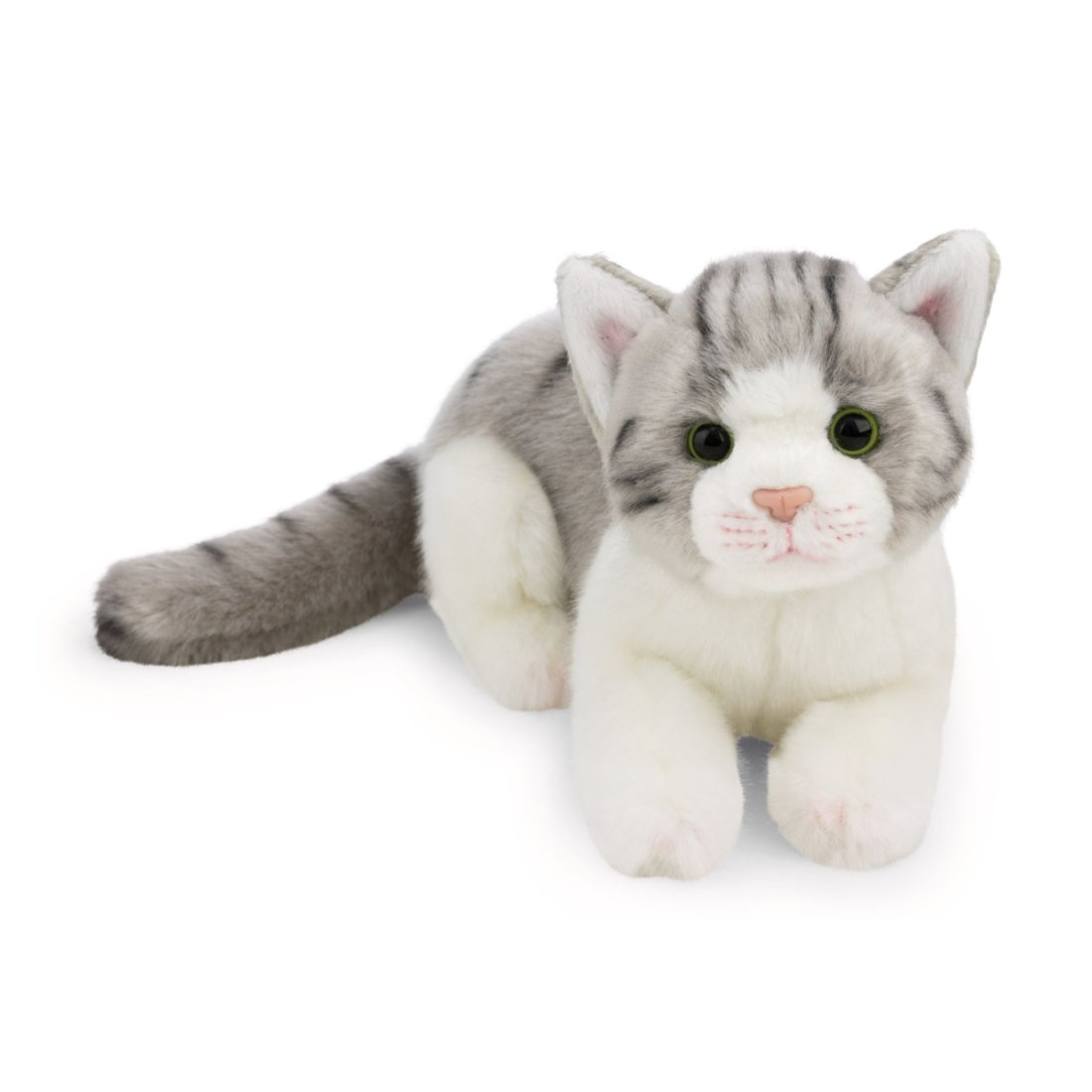 NICI Lifelike Katze grau-weiß liegend Vorderseite | Kuscheltier.Boutique