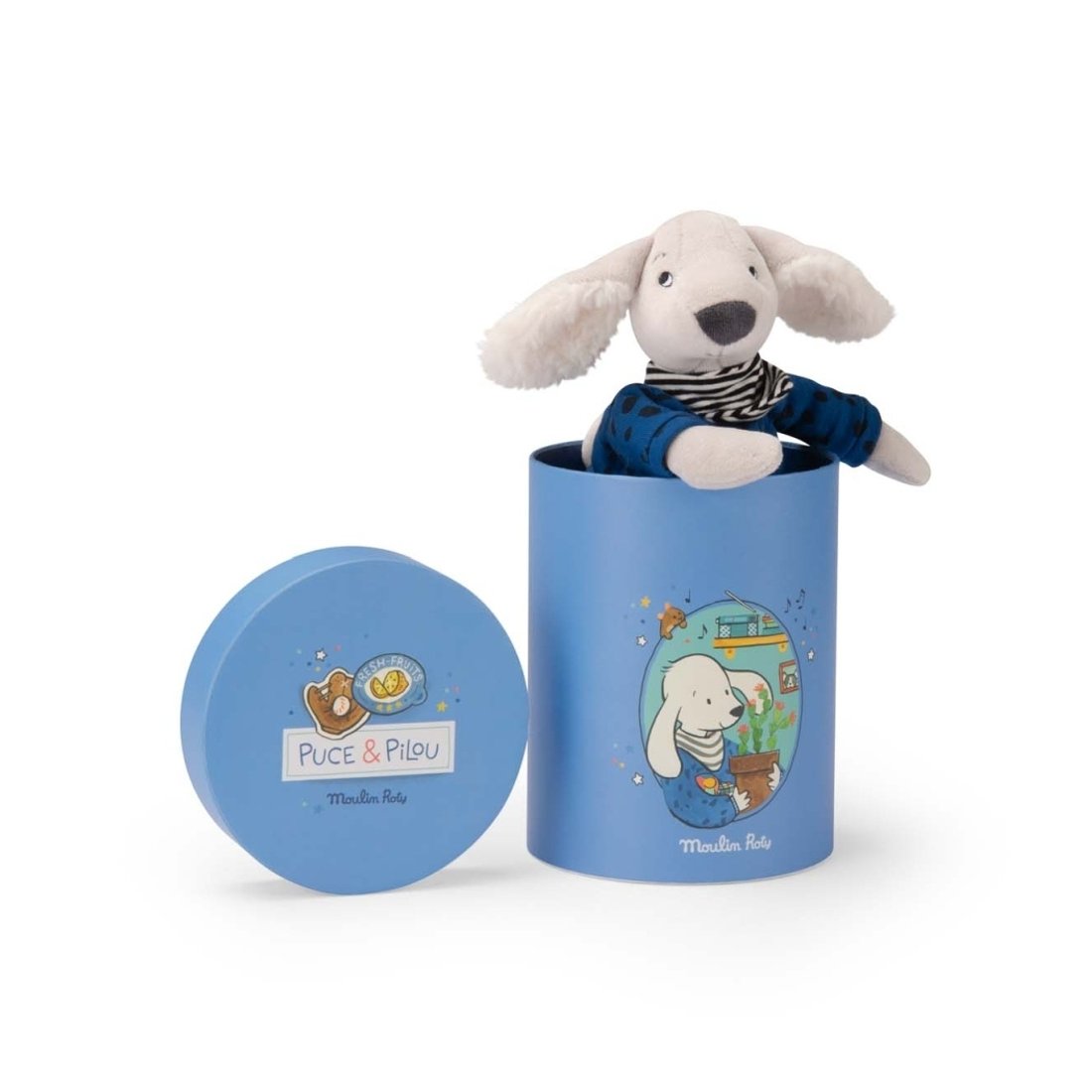 Moulin Roty Hund Pilou mit Dose und Deckel 