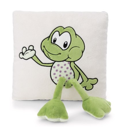 NICI Forest Friends Frosch Fridolin Frog Kissen, bunte Vorderseite mit 3d-Applikation