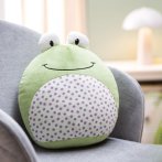 Dekorativ sitzt das figürliche NICI Forest Friends Frosch Fridolin Frog Kissen auf einem grauen Stuhl