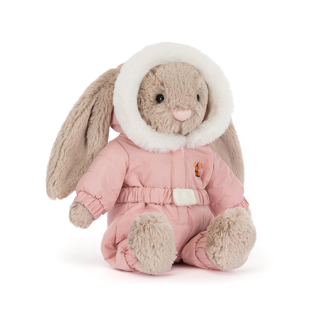 beiger Jellycat Hase Bashful Bunny mit rosa Snow Suit