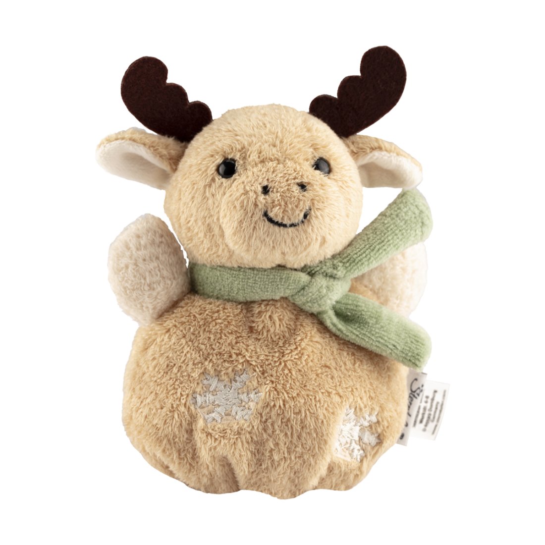 Sterntaler Rentier Knuddelsäckchen aus beigem Plüsch mit braunem Geweih, grünem Schal und gestickten Schneeflocken