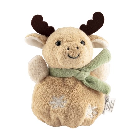Sterntaler Rentier Knuddelsäckchen aus beigem Plüsch mit braunem Geweih, grünem Schal und gestickten Schneeflocken