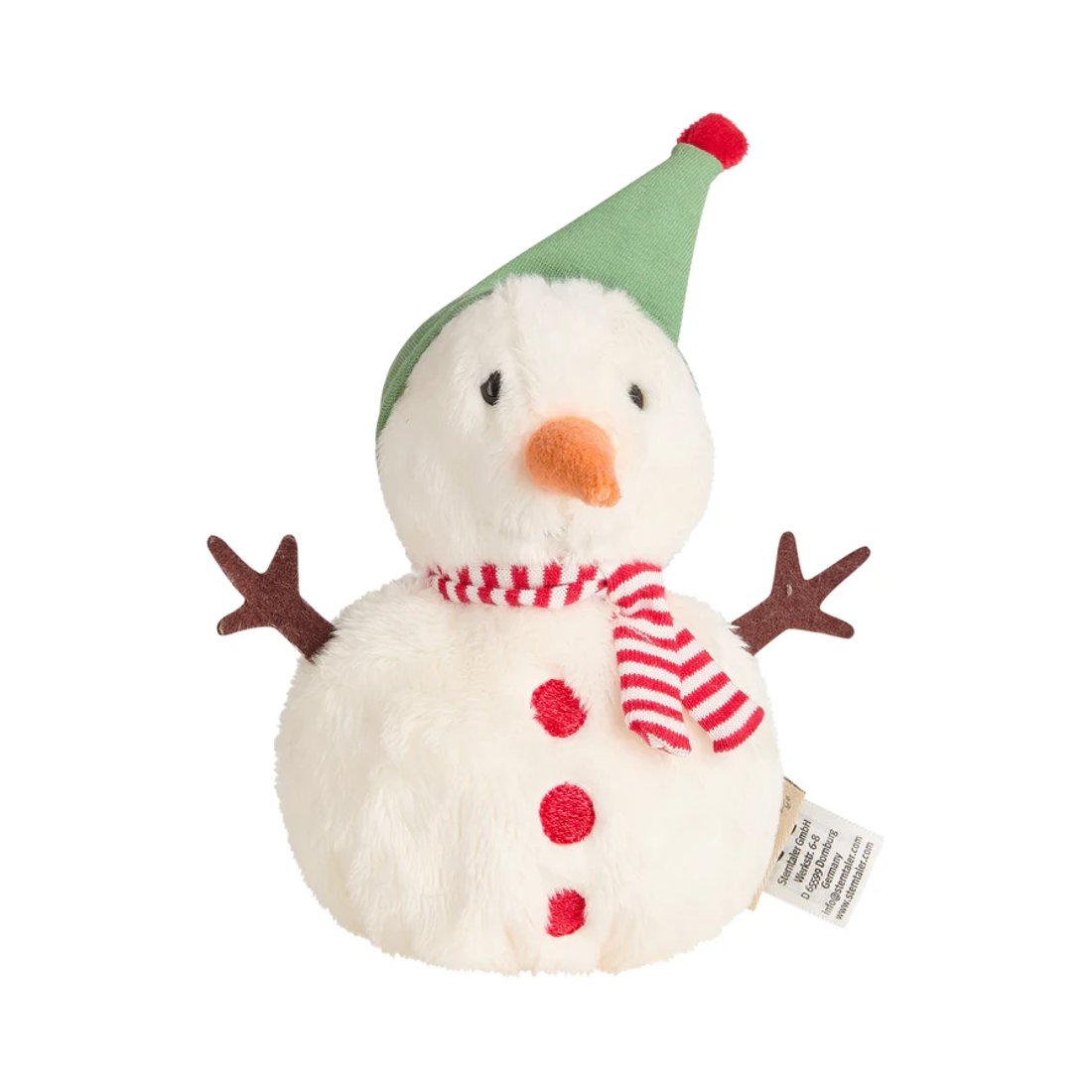 Sterntaler Knuddelsäckchen Schneemann aus weißem Plüsch mit braunen Ästen, grüner Mütze und gestreiftem Schal