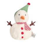 Sterntaler Knuddelsäckchen Schneemann aus weißem Plüsch mit braunen Ästen, grüner Mütze und gestreiftem Schal