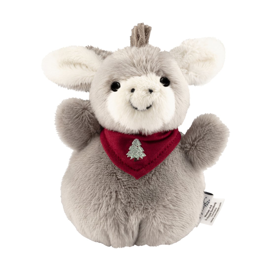 Sterntaler Knuddelsäckchen Esel Emmi mit grau-weißem Fell und einem rotem Halstuch mit gesticktem Tannenbaum