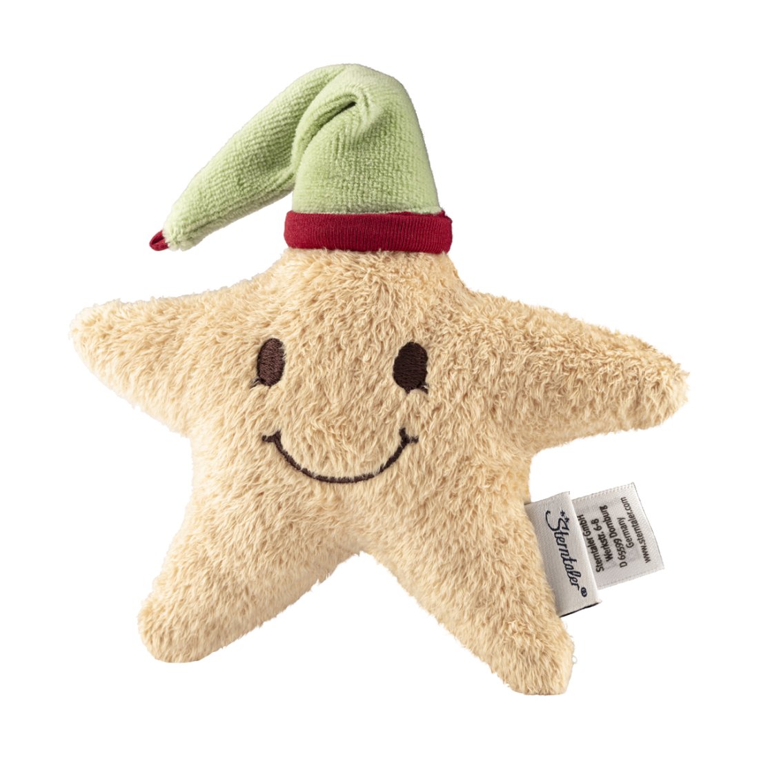 Sterntaler Mini Kuscheltier Weihnachtsstern mit einer grüner Zipfelmütze und einem gestickten Gesicht