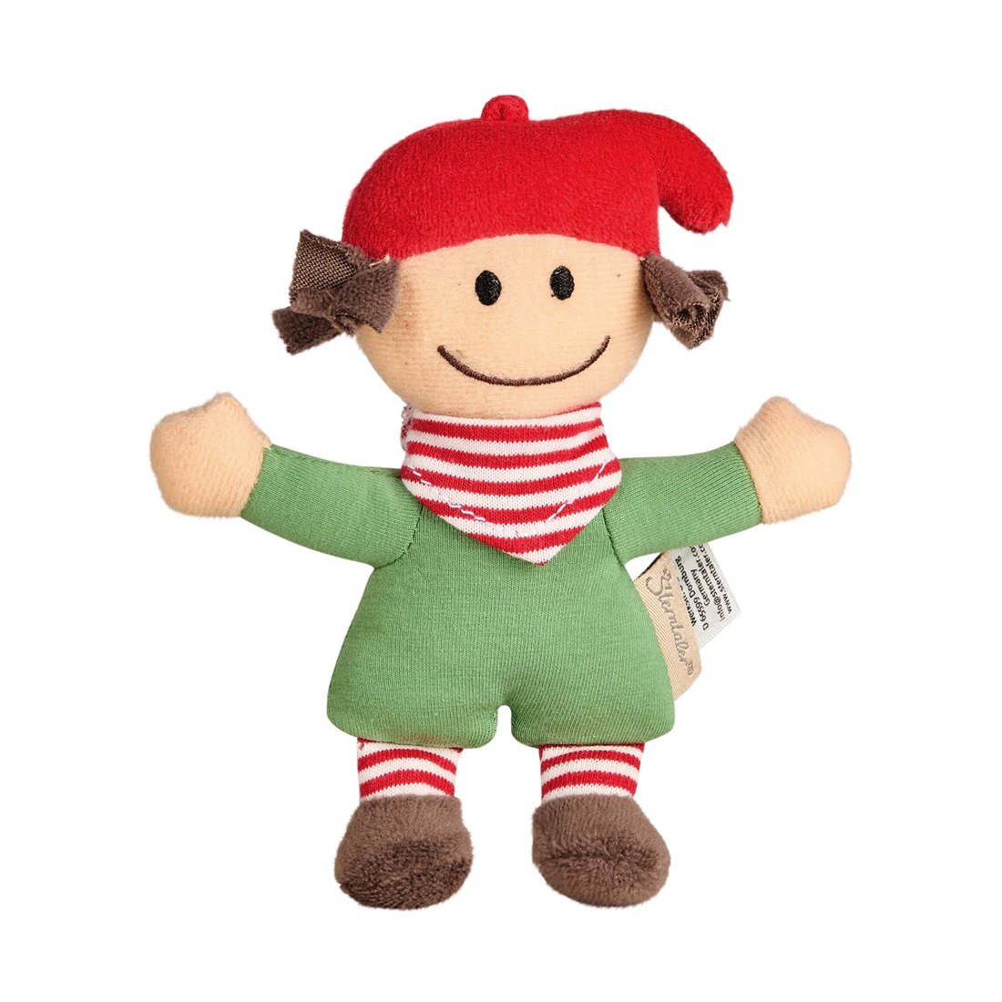 Sterntaler Mini Weihnachtswichtel mit roter Zipfelmütze, grünem Overall, rot-weiß gestreiftem Halstuch und braunen Schuhen
