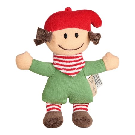 Sterntaler Mini Weihnachtswichtel mit roter Zipfelmütze, grünem Overall, rot-weiß gestreiftem Halstuch und braunen Schuhen