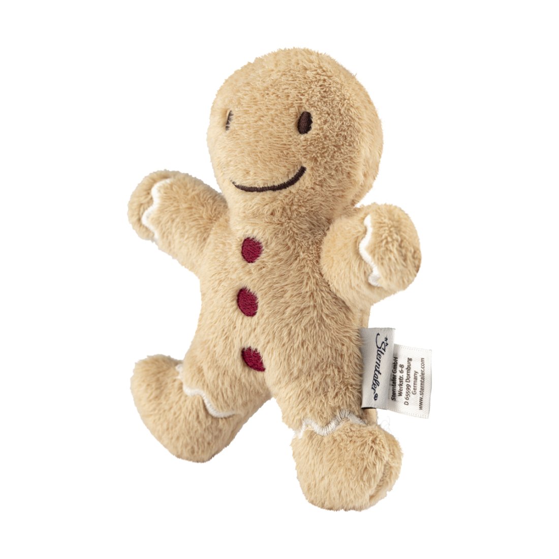 Sterntaler Mini Kuscheltier Lebkuchenmännchen aus hellbraunem Plüsch mit roten Knöpfen und weißer Zierborte