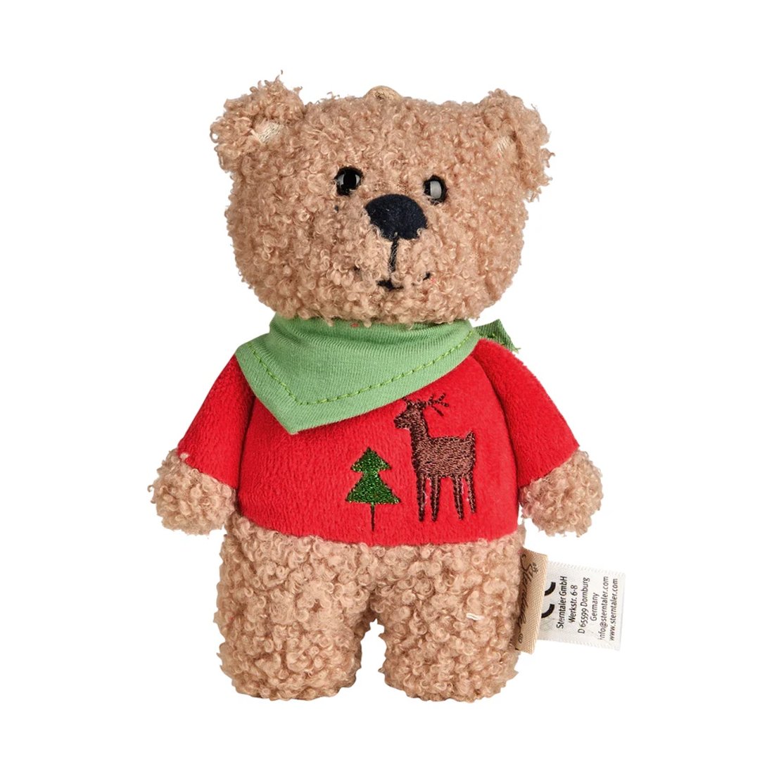 Sterntaler Mini Weihnachtsbär aus braunem Plüsch mit rotem, bestickten Pullover und grünem Halstuch