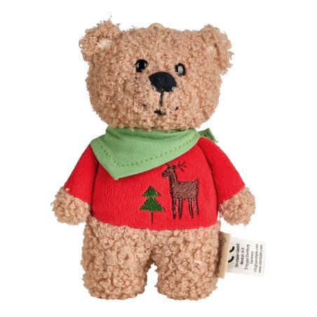 Sterntaler Mini Weihnachtsbär aus braunem Plüsch mit rotem, bestickten Pullover und grünem Halstuch