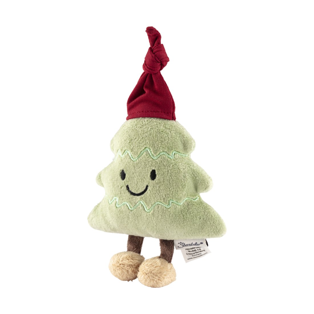 Sterntaler Mini Kuscheltier Weihnachtsbaum aus grünem Plüsch mit einer roten Zipfelmütze und gesticktem Gesicht