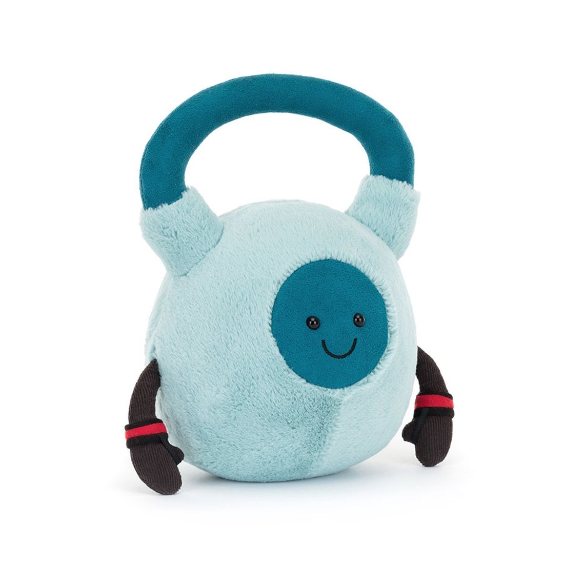 Hellblauer Jellycat Amuseables Sports Kettleball mit dunkelblauem Griff, lachendem Gesicht und schwarzen Armen