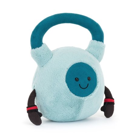 Hellblauer Jellycat Amuseables Sports Kettleball mit dunkelblauem Griff, lachendem Gesicht und schwarzen Armen