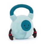 Hellblauer Jellycat Amuseables Sports Kettleball mit dunkelblauem Griff, lachendem Gesicht und schwarzen Armen
