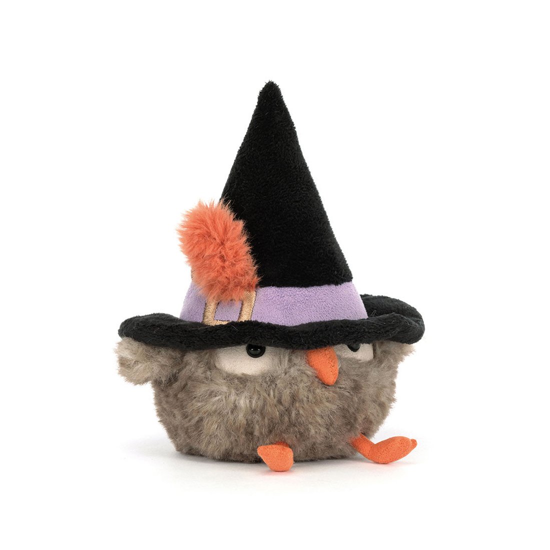 Jellycat Eule Heccaty Hootnightly mit schwarzem Hexenhut, lila Hutband und orangefarbenem Akzenten