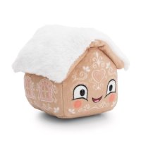 NICI Winter Friends Lebkuchenhaus aus hellbraunem Plüsch mit weißem Muster, weißem Dach und einem lachendem Gesicht