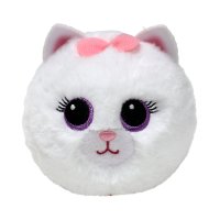 Ty Beanie Bouncer Katze Purry Cat ist mit weißem Plüsch überzogen und hat ein rosa Schleifchen zwischen den Ohren