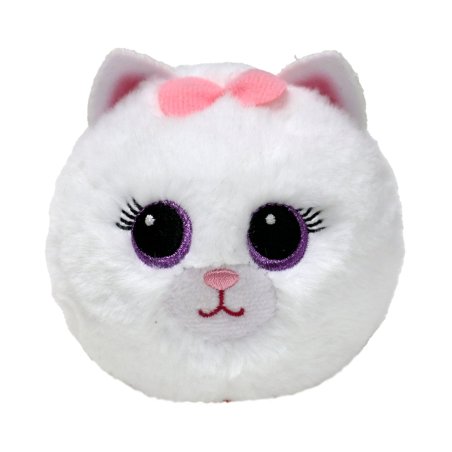 Ty Beanie Bouncer Katze Purry Cat ist mit weißem Plüsch überzogen und hat ein rosa Schleifchen zwischen den Ohren