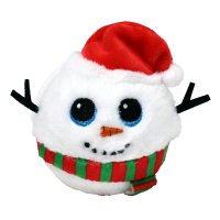 Ty Beanie Bouncer Jack Snowman ist mit weißem Plüsch überzogen und trägt eine rote Weihnachtsmütze