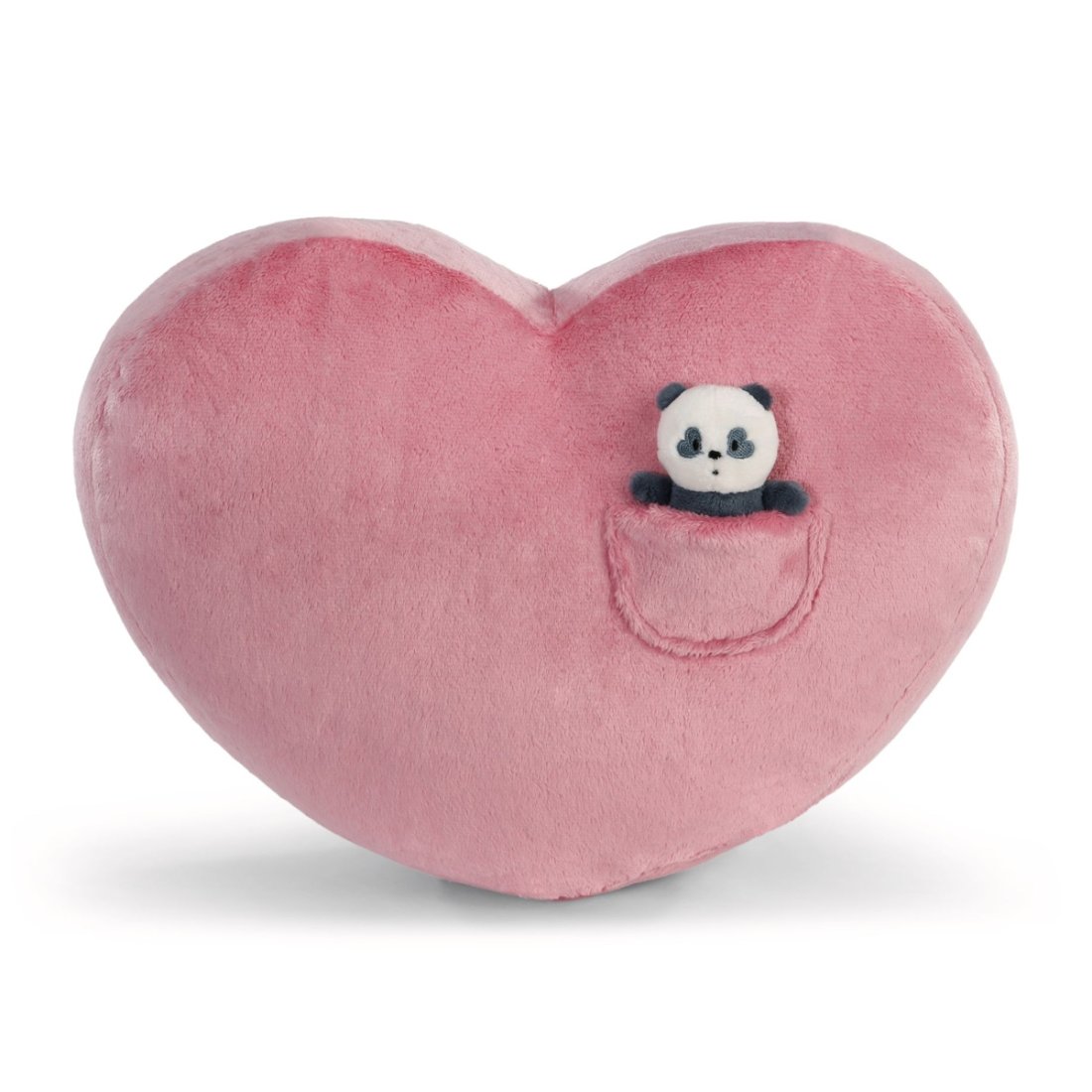 NICI Love Panda: Vorderseite rosa Herzkissen mit  dem kleinen Panda in der Tasche