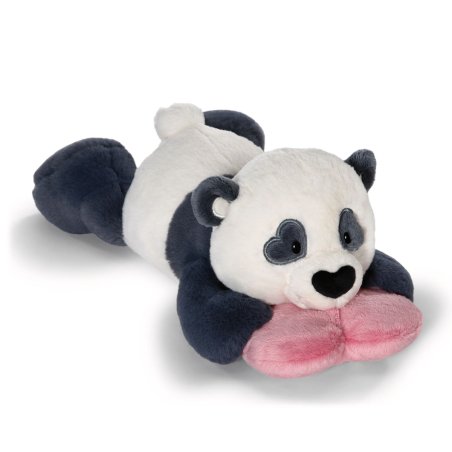 liegendes NICI Love Kuscheltier Panda aus schwarz-weißem Plüsch mit einem rosa Herz in den Pfoten