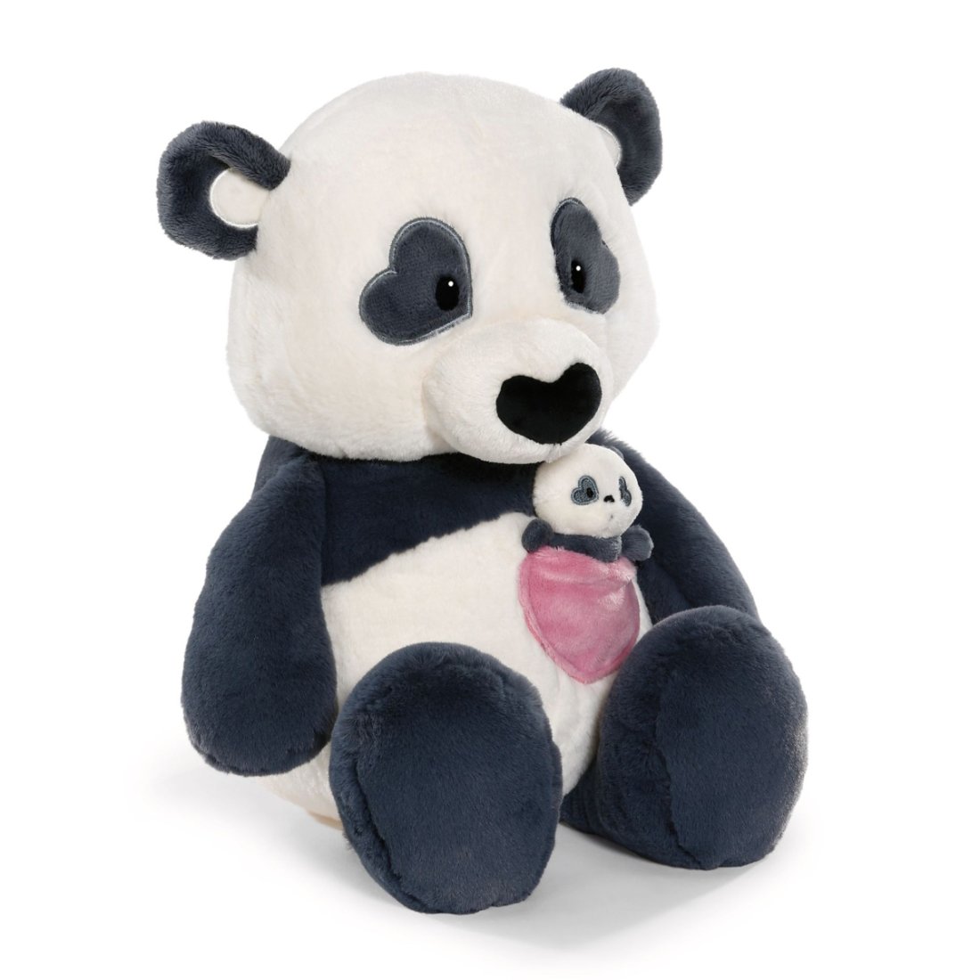 NICI Love Kuscheltier Panda aus schwarz-weißem Plüsch mit rosa Herztasche und Baby