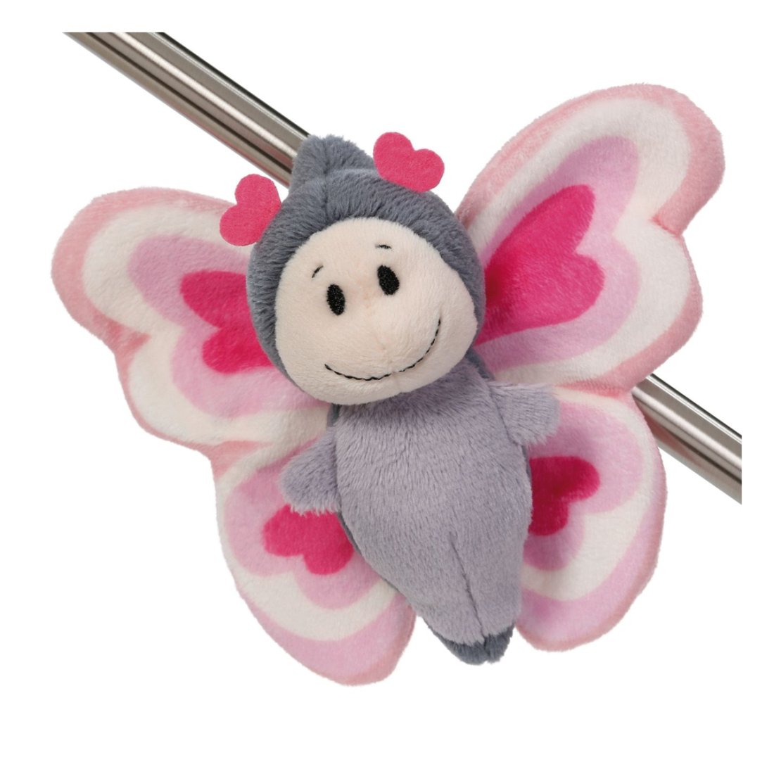 NICI Magnettier Love Schmetterling aus grauem Plüsch mit rosa Flügeln auf einer Metallstange