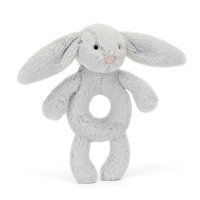 Baby Jellycat Hase Bashful Silver Bunny Ringrassel aus silbergrauem Plüsch