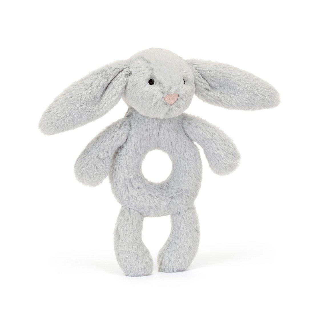 Baby Jellycat Hase Bashful Silver Bunny Ringrassel aus silbergrauem Plüsch