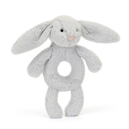 Baby Jellycat Hase Bashful Silver Bunny Ringrassel aus silbergrauem Plüsch