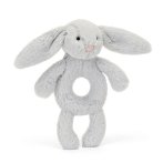 Baby Jellycat Hase Bashful Silver Bunny Ringrassel aus silbergrauem Plüsch