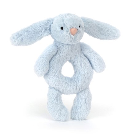 Baby Jellycat Hase Bashful Blue Bunny Ringrassel aus zart blauem Plüsch