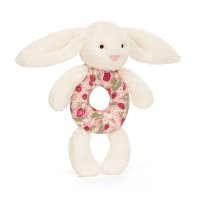 Baby Jellycat Hase Bashful Cream Bunny Berry Ringrassel aus weißem Plüsch mit buntem Ring