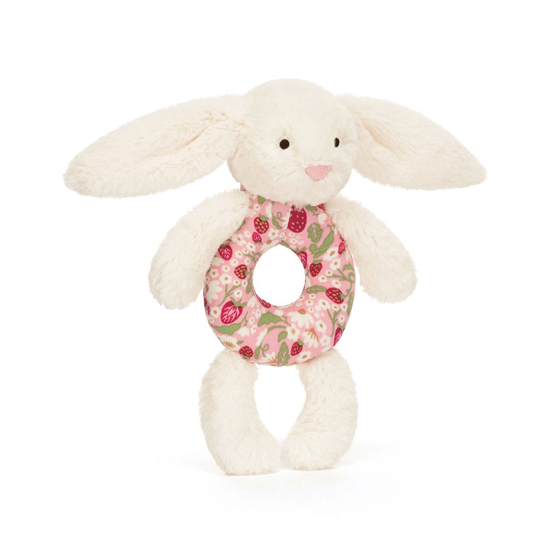 Baby Jellycat Hase Bashful Cream Bunny Berry Ringrassel aus weißem Plüsch mit buntem Ring