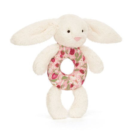Baby Jellycat Hase Bashful Cream Bunny Berry Ringrassel aus weißem Plüsch mit buntem Ring