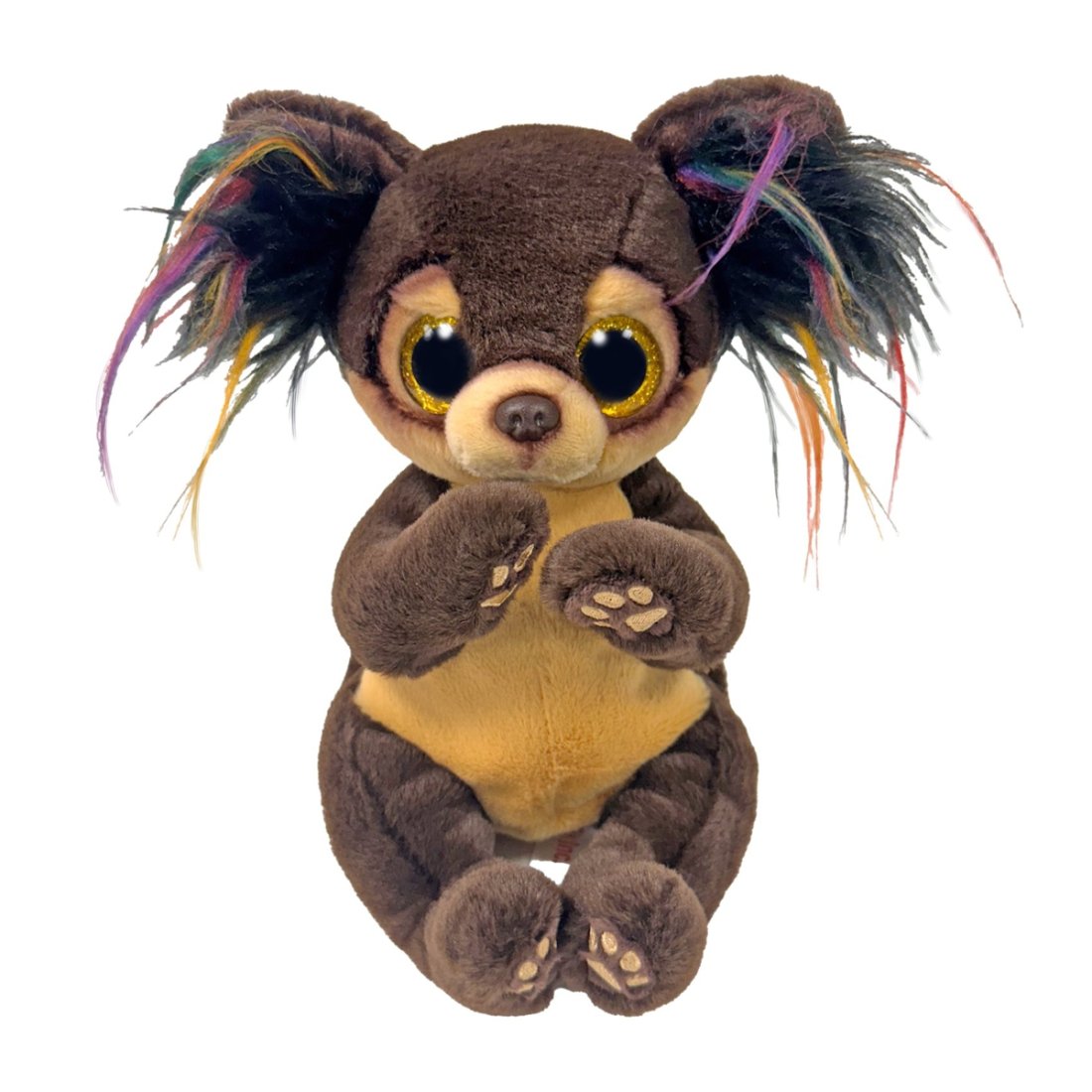 Ty Beanie Bellies Kuscheltier Hund Toffee aus braunem Plüsch mit großen Ohren und goldgelben Glitzeraugen