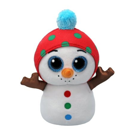 Ty Beanie Boos Kuscheltier Schneemann Dave Snowman aus weißem Plüsch mit roter Bommelmütze und blauen Gitzeraugen