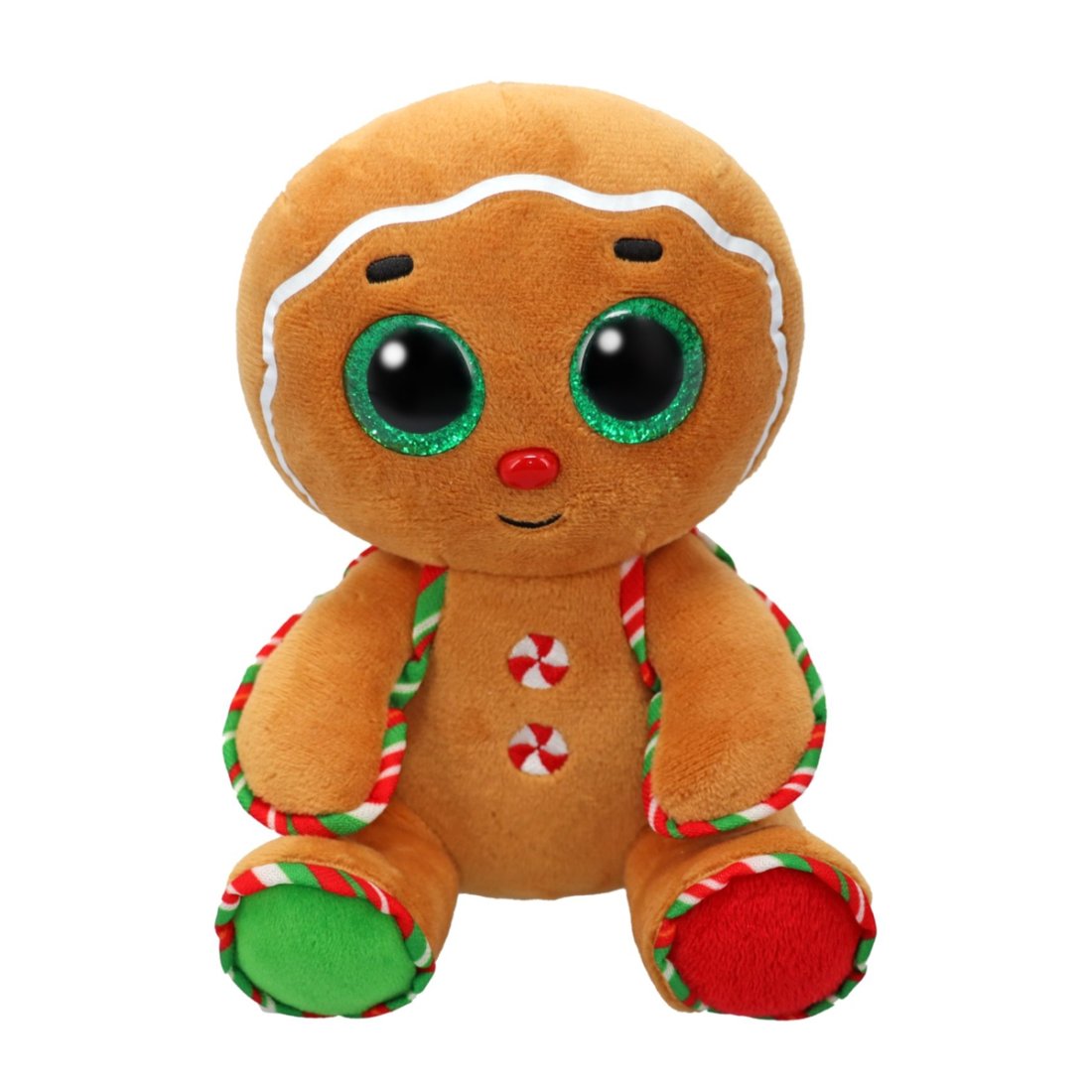 Ty Beanie Boos Kuscheltier Lebkuchenmännchen Snap aus braunem Plüsch mit bunten Paspeln und grünen Glitzeraugen
