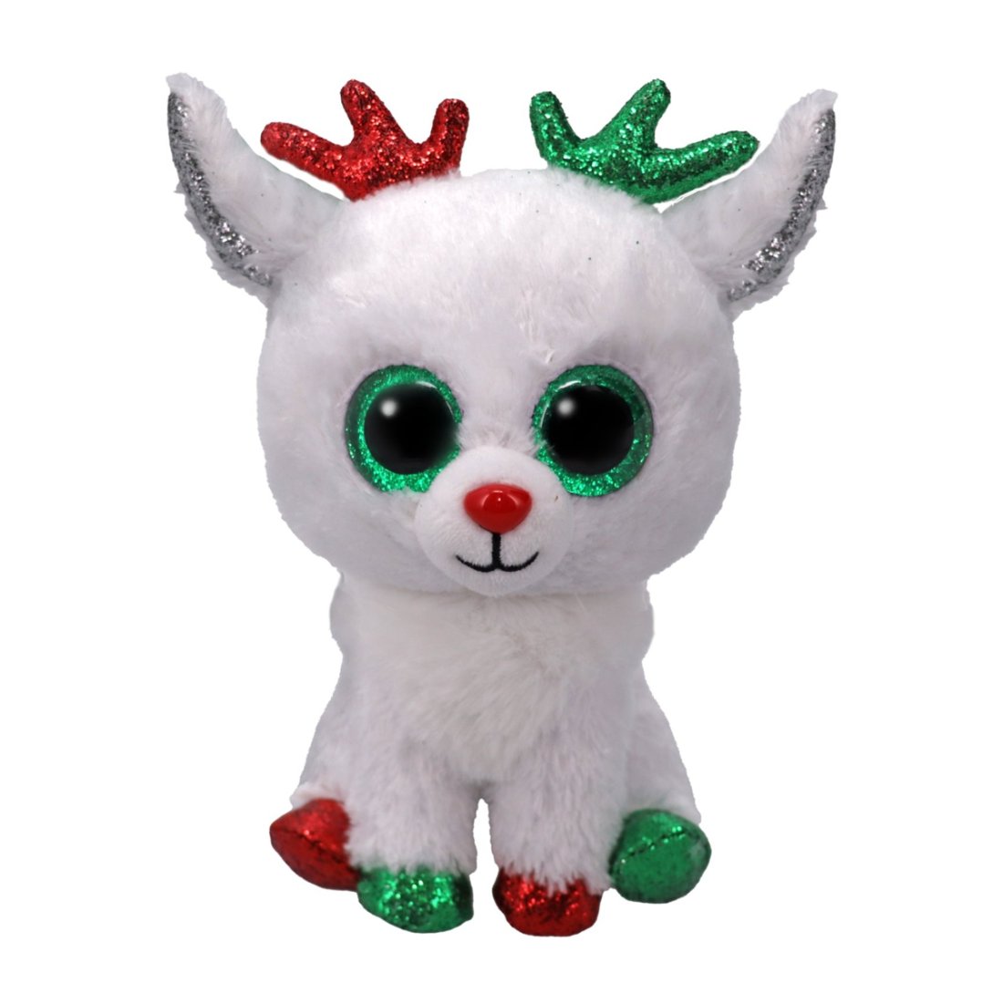 Ty Beanie Boos Kuscheltier Rentier Snowdrop aus weißem Kuschelplüsch mit grünen Glitzeraugen sowie roten und grünen Hufen