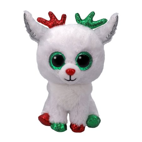 Ty Beanie Boos Kuscheltier Rentier Snowdrop aus weißem Kuschelplüsch mit grünen Glitzeraugen sowie roten und grünen Hufen