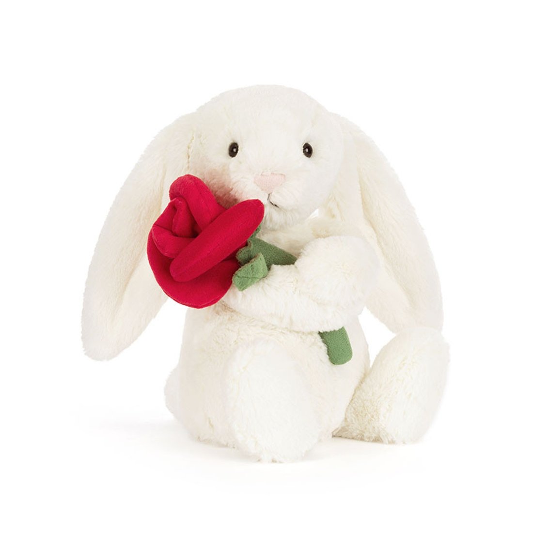 Jellycat Hase Bashful Bunny aus weißem Plüsch mit einer roten Rose