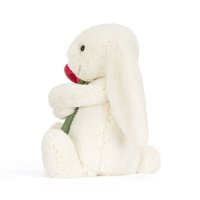 Kuscheltier Jellycat Hase Bashful Bunny mit einer roten Rose von der Seite