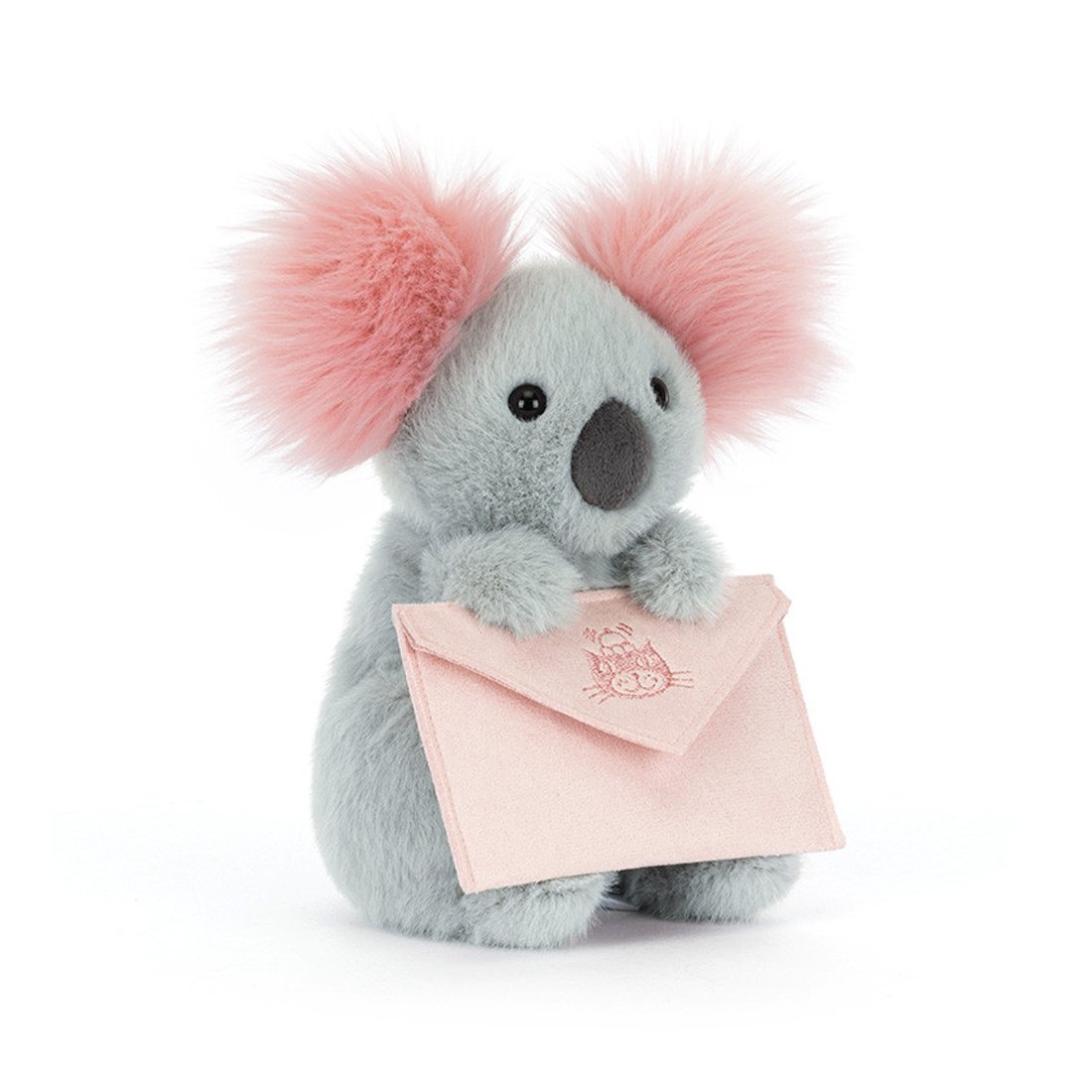 Jellycat Koala Bär aus hellgrauem Plüsch mit einem rosa Briefumschlag und rosa Püschelohren