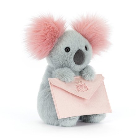 Jellycat Koala Bär aus hellgrauem Plüsch mit einem rosa Briefumschlag und rosa Püschelohren