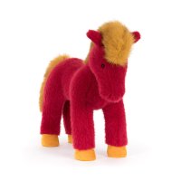 Jellycat Pferd Festival Horse aus rotem Plüsch mit goldgelber Mähne und goldgelben Hufen